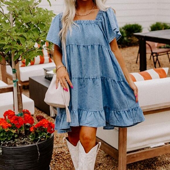 NWT ODDY Small Blue Denim Square Neckline Tiered Ruffle Sleeve Dress - Picture 1 of 8
